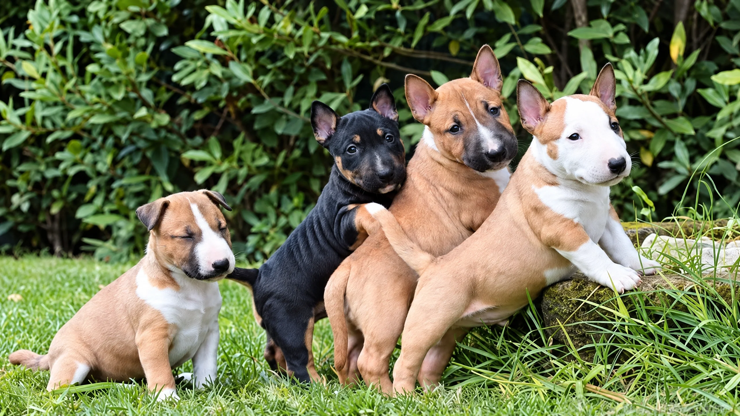 Quattro cuccioli di Miniature Bull Terrier insieme in giardino